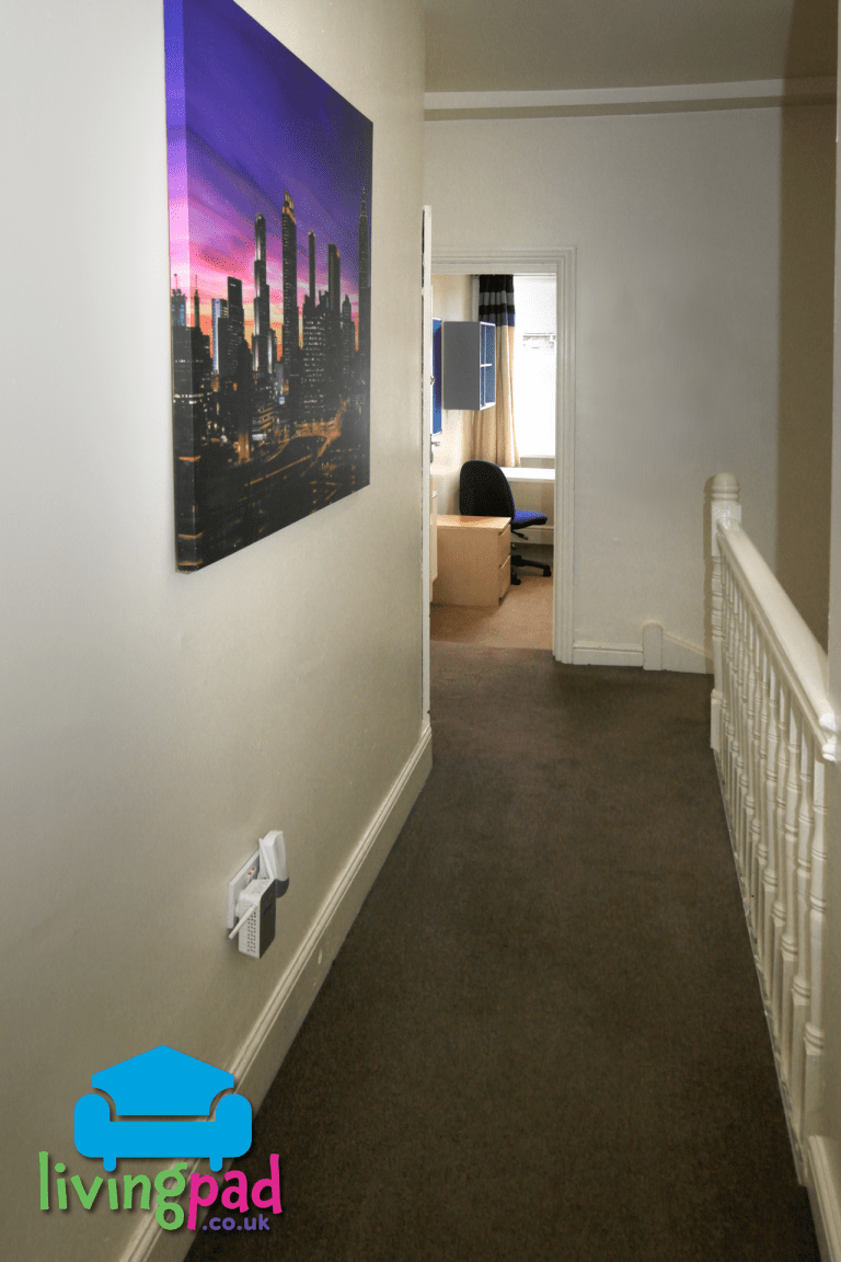 Landing linking upstairs bedrooms in Staffs Uni student house